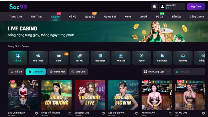 Giới thiệu sảnh casino SOC99 đôi điều tổng quan 