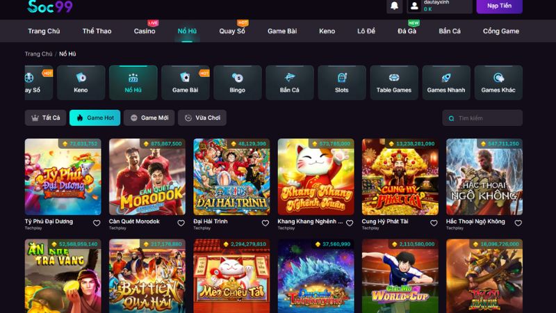 Giới thiệu tổng quan sảnh nổ hũ SOC99