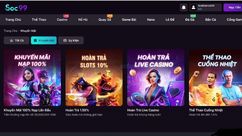 Các chương trình khuyến mãi tại nhà cái SOC99