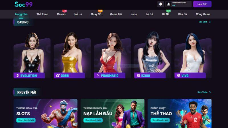 Giao diện nhà cái SOC99 hiện đại, dễ dùng