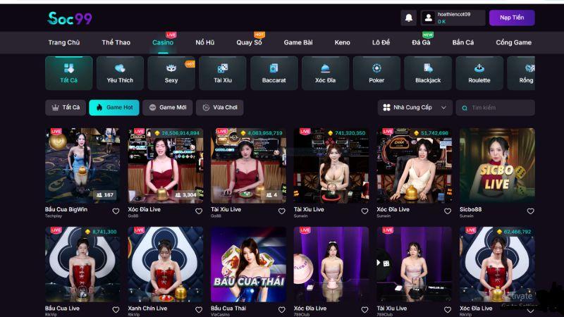 Sảnh casino đẳng cấp quốc tế tại SOC99